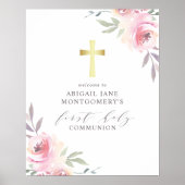 Faux Gold Cross en Flowers First Heilige Communie Poster (Voorkant)