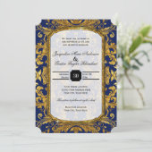 Faux Gold Damask Navy Blue  Baroque Glam Kaart (Staand voorkant)