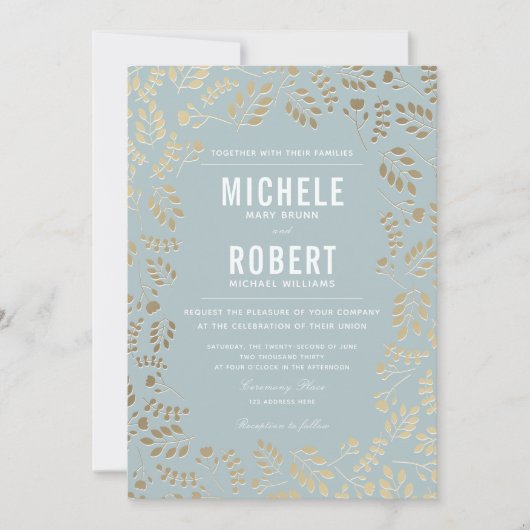 Faux Gold Dusty Bleu Faire-part de mariage botaniq (Devant)