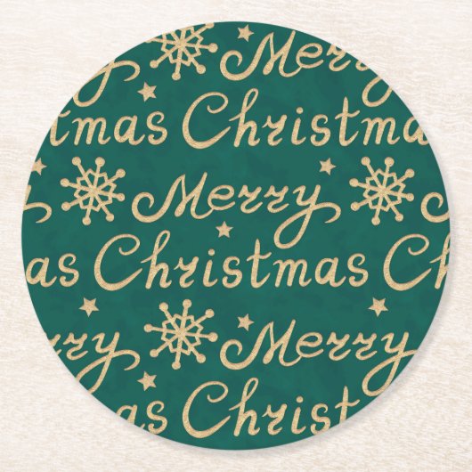 Faux Gold en Green Merry-kerstbrieftering Ronde Kartonnen Onderzetter (Voorkant)