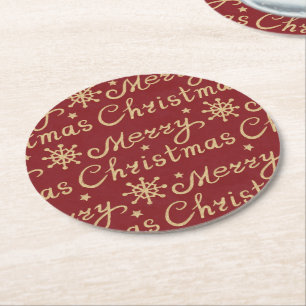 Faux Gold en Red Merry-kerstbrieftering Ronde Kartonnen Onderzetter