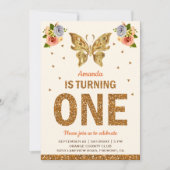 Faux Gold Floral First Birthday Party Kaart (Voorkant)