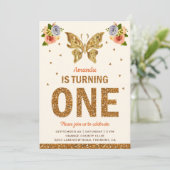 Faux Gold Floral First Birthday Party Kaart (Staand voorkant)