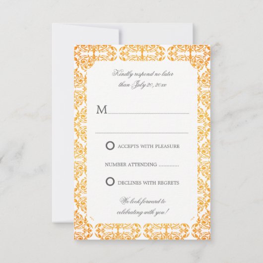 Faux Gold Flourish Damask RSVP Kaart (Achterkant)