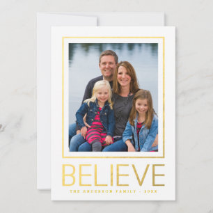 Faux Gold Foil Believe Modern Lijst Holiday Foto Feestdagenkaart