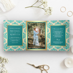 Faux Gold Foil Blauwgroen Damask Trouwfoto Drieluik Uitnodiging