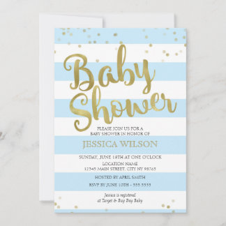Faux Gold Foil, Blue Stripes Baby shower Boy Kaart