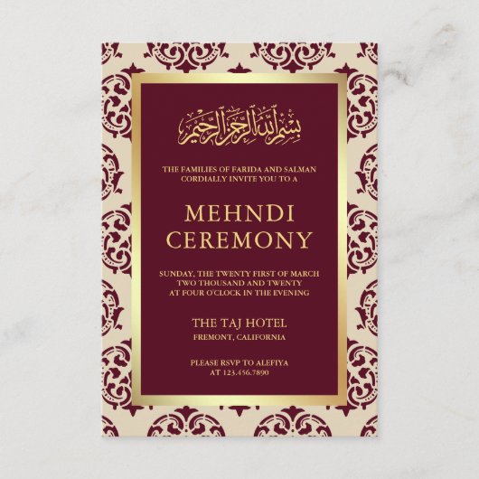 Faux Gold Foil Bourgondië Damask Islamitische Mehn Informatiekaartje (Voorkant)