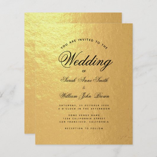 Faux Gold Foil Budget Script Weduwen Uitnodiging (Voorkant / Achterkant)