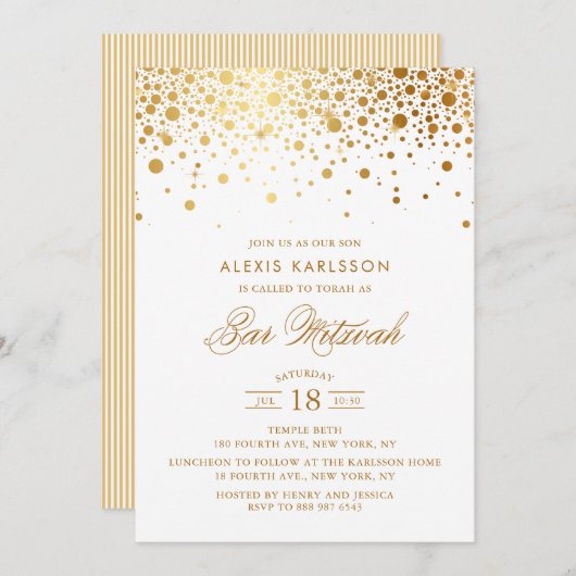 Faux Gold Foil Confetti Bar Mitzvah Invitation (Devant / Derrière)