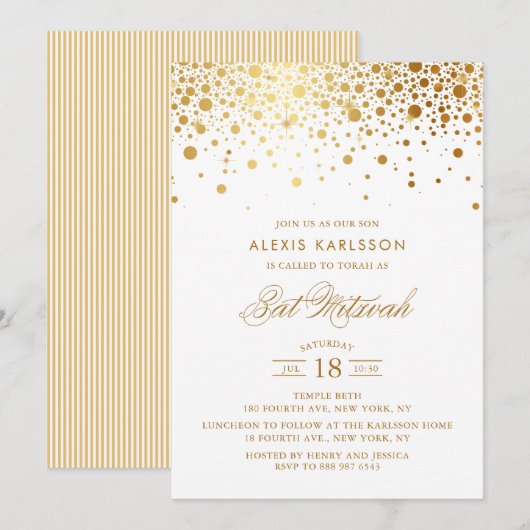 Faux Gold Foil Confetti Bat Mitzvah Uitnodiging (Voorkant / Achterkant)