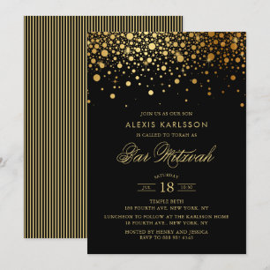Faux Gold Foil Confetti Black Bar Mitzvah Kaart