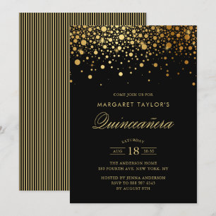 Faux Gold Foil Confetti Black Quinceañera Kaart