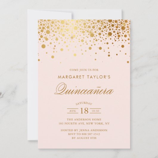 Faux Gold Foil Confetti Blush Pink Quinceañera Kaart (Voorkant)