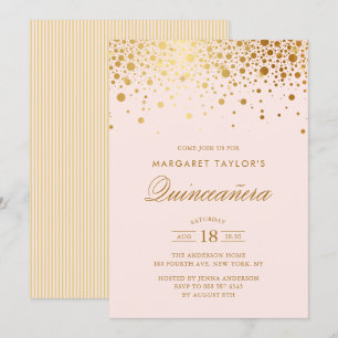 Faux Gold Foil Confetti Blush Pink Quinceañera Kaart
