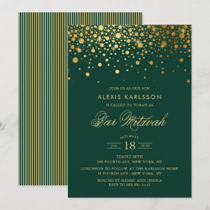Faux Gold Foil Confetti Green Bar Mitzvah Kaart