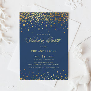 Faux Gold Foil Confetti Holiday Party   Navy Blue Kaart