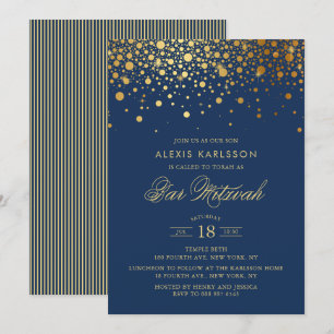 Faux Gold Foil Confetti Navy Blue Bar Mitzvah Kaart