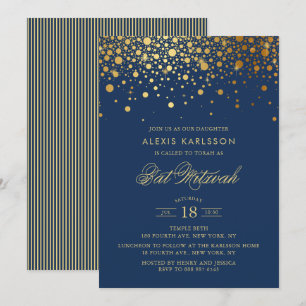 Faux Gold Foil Confetti Navy Blue Bat Mitzvah Kaart