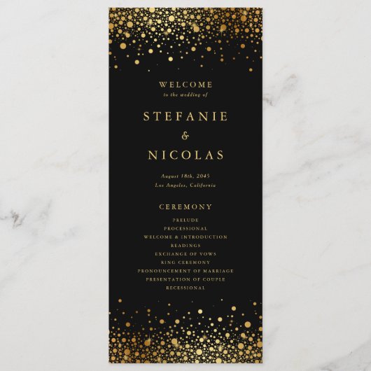 Faux Gold Foil Confetti Stippen Black Wedding Programma (Voorkant)