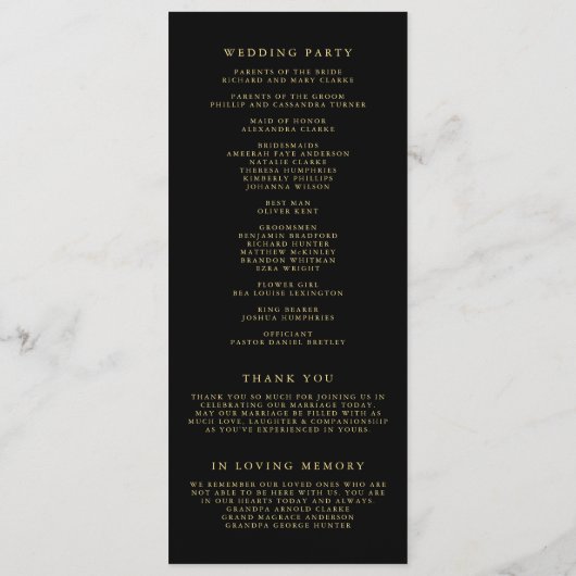 Faux Gold Foil Confetti Stippen Black Wedding Programma (Achterkant)
