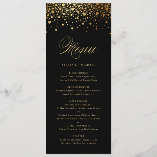 Faux Gold Foil Confetti Stippen Black Weduwmenu Menu (Voorkant)