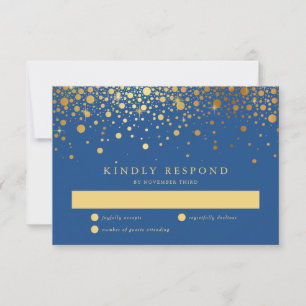 Faux Gold Foil Confetti Stippen Blue RSVP Card