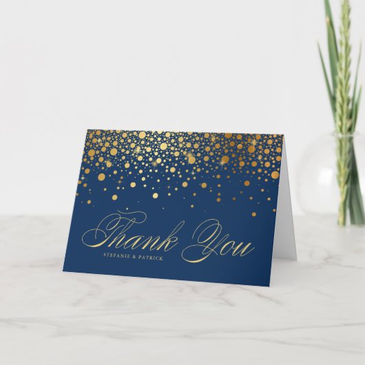 Faux Gold Foil Confetti Stippen Navy Blue Bruiloft Bedankkaart (Voorkant)
