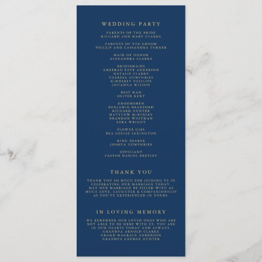 Faux Gold Foil Confetti Stippen Navy Blue Bruiloft Programma (Achterkant)