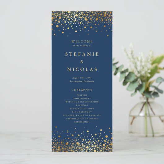 Faux Gold Foil Confetti Stippen Navy Blue Bruiloft Programma (Staand voorkant)