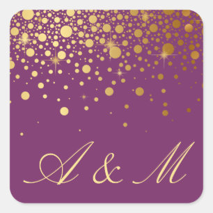 Faux Gold Foil Confetti Stippen Paars monogram Vierkante Sticker