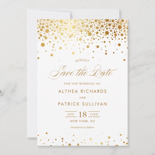 Faux Gold Foil Confetti Stippen Weddenschap Save The Date (Voorkant)