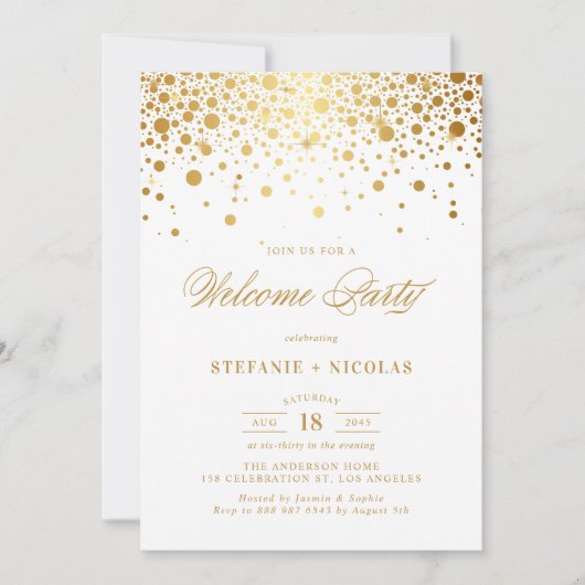 Faux Gold Foil Confetti Stippen Wit Welkomstfeest Kaart (Voorkant)