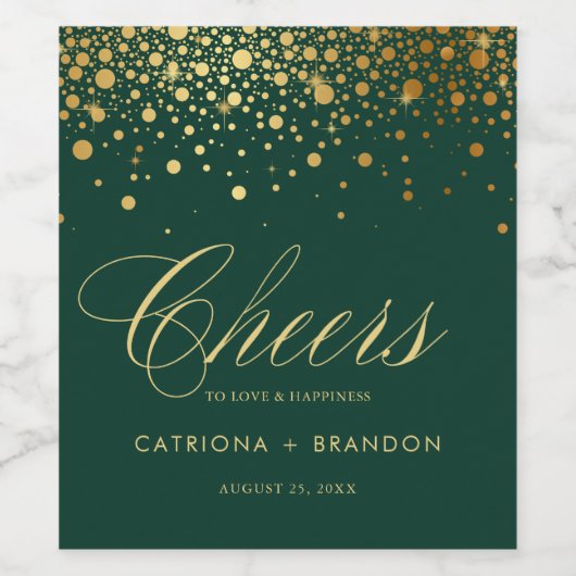 Faux Gold Foil en Green Confetti Stippen Weddensch Wijn Etiket (Enkel label)