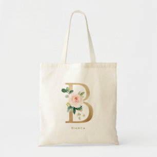 Faux Gold Foil Floral Letter B Monogram Bridesmaid Tote Bag