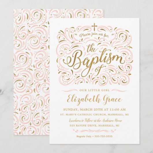 Faux Gold Foil Girl Baptisme Invitation Kaart (Voorkant / Achterkant)