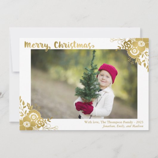 Faux Gold Foil Holly Photo Cartes de Noël (Devant)