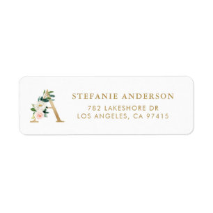 Faux Gold Foil Letter A Monogram Florals Etiket