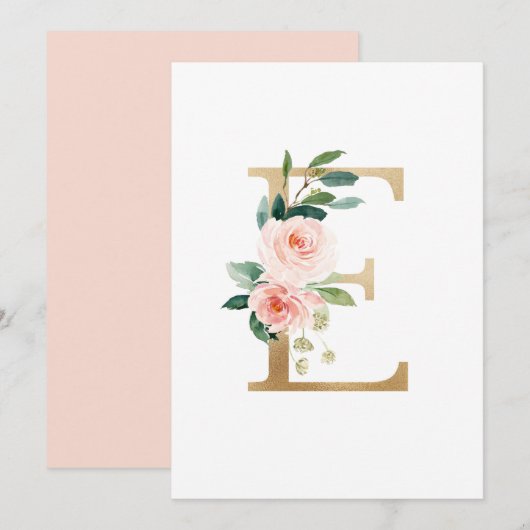 Faux Gold Foil Letter E Blush Floral Monogram Kaart (Voorkant / Achterkant)