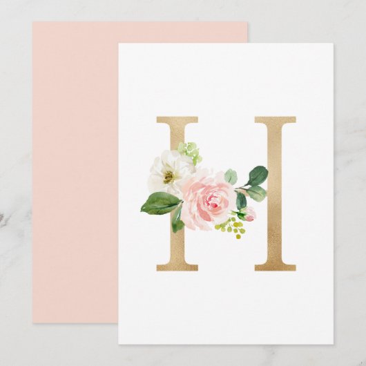 Faux Gold Foil Letter H Blush Floral Monogram Kaart (Voorkant / Achterkant)