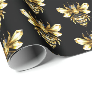 Faux Gold Foil Logo Bee Polygonaal op Zwart Cadeaupapier