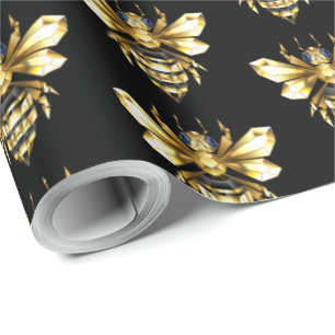 Faux Gold Foil Logo Bee Polygonaal op Zwart Cadeaupapier