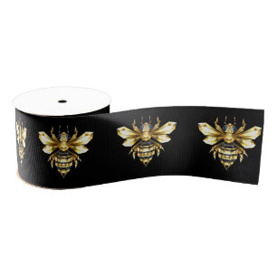 Faux Gold Foil Logo Bee Polygonaal op Zwart Grosgrain Lint