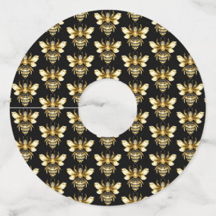 Faux Gold Foil Logo Bee Polygonaal op Zwart Wijnglaslabel