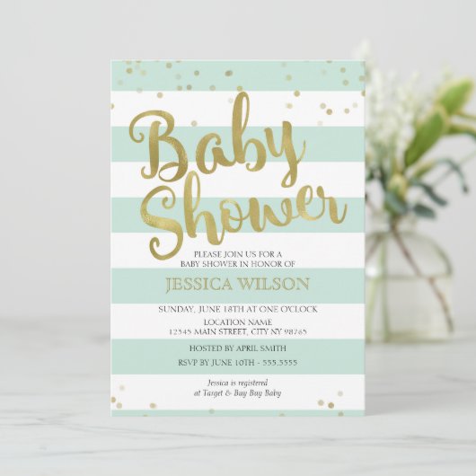 Faux Gold Foil, Mint Green Stripes Baby shower Kaart (Staand voorkant)
