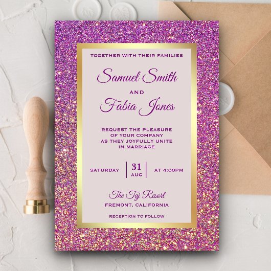 Faux Gold Foil Paarse Glitter bruiloft uitnodiging