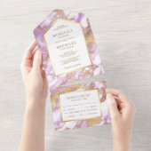 Faux Gold Foil Pastel Lavender Marble Wedding All In One Uitnodiging (Afscheurbaar)