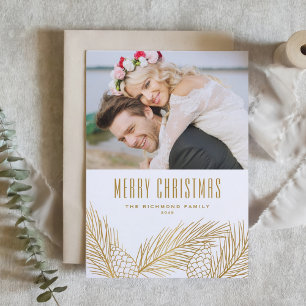Faux Gold Foil Pine Needles Foto Merry Kerstry Feestdagen Kaart