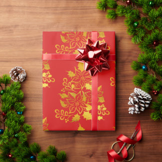 Faux Gold Foil Poinsettias Christmas Trees  Cadeaupapier