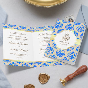 Faux Gold Foil Royal Blue Damask Muslim Weduwen